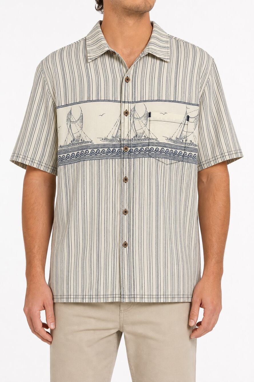 Kahala 1936 Men's Sailboat Stripe Aloha Hawaiian Shirt Cotton Size L Vacation